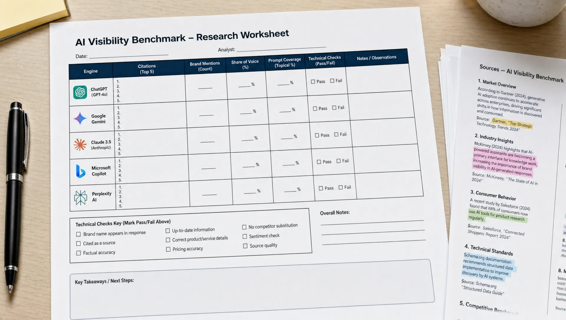 A printed worksheet compares AI search engines by citations, brand mentions, and share of voice.