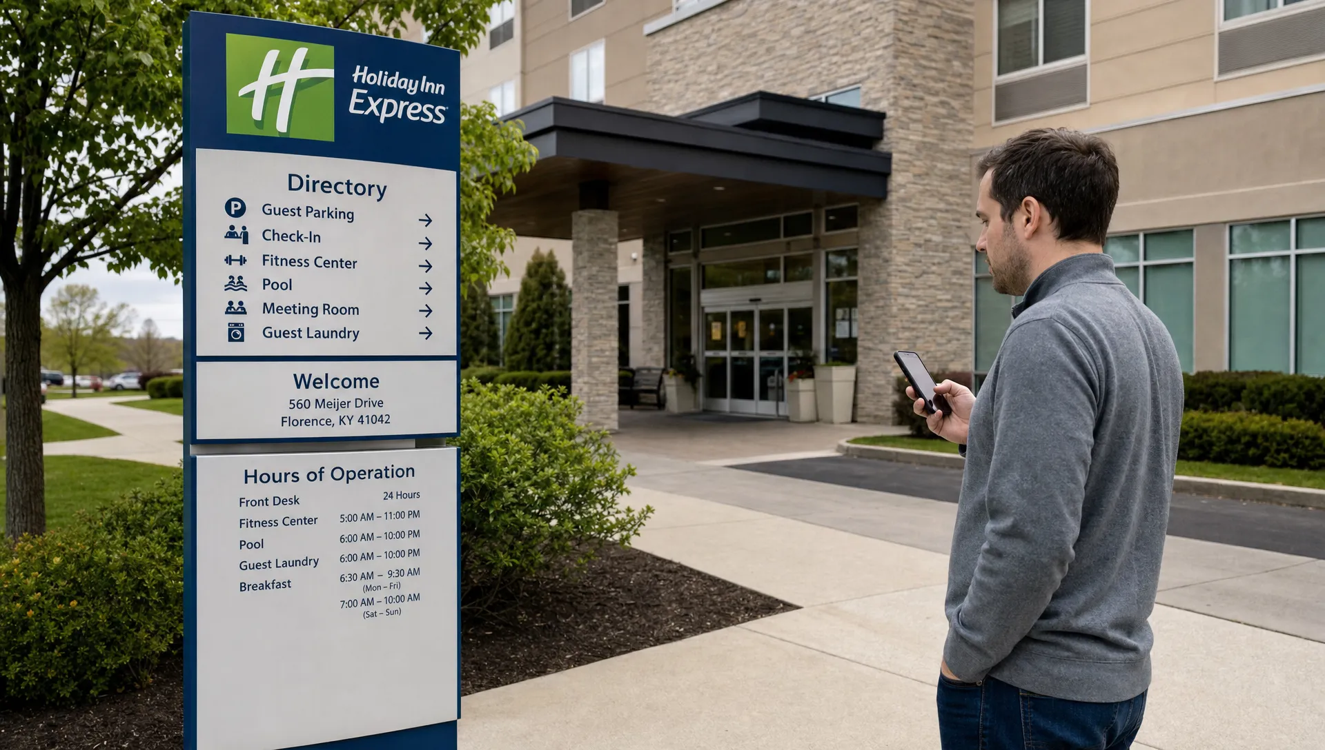 A visitor checks hours and service details at a hotel or franchise entrance before going inside.