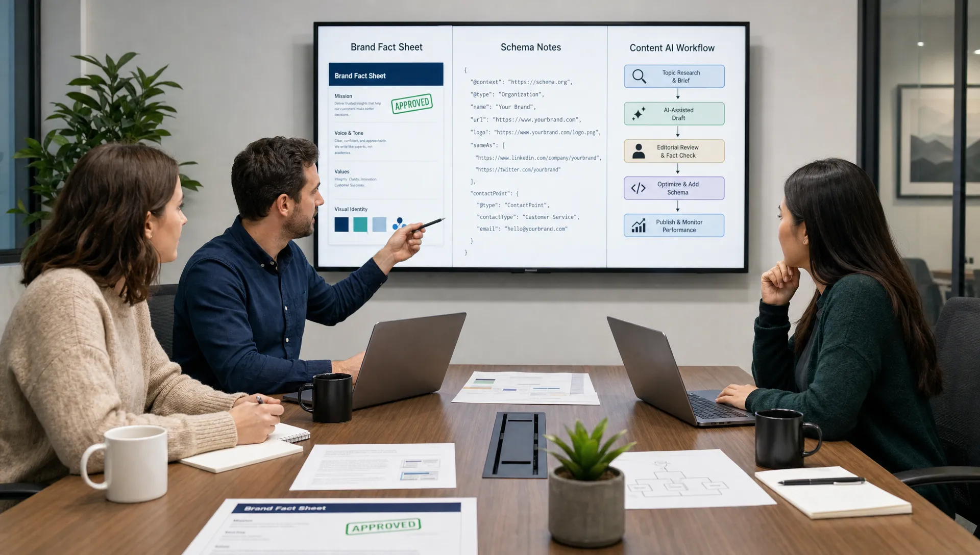 An editorial team reviews an approved brand fact sheet, schema notes, and a content AI workflow before publishing AI-assisted pages.