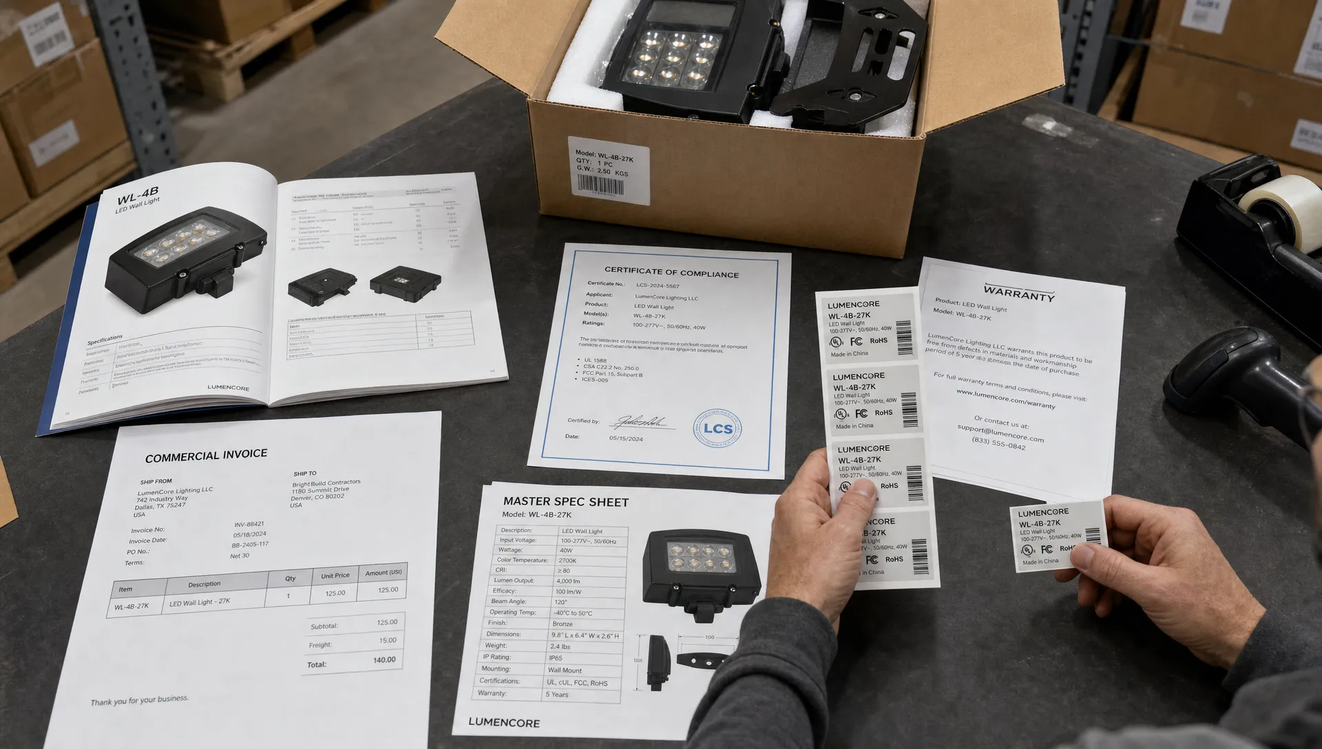 Hands sort catalogs, warranty papers, and certificates while matching product details for AI search readiness.