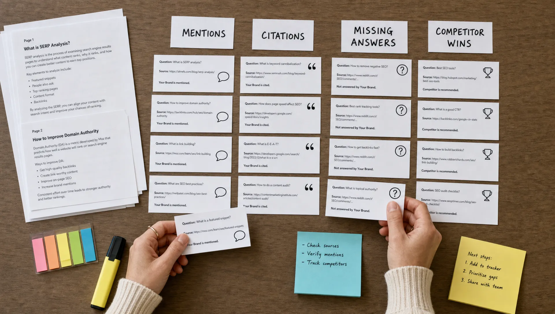 Hands sort printed cards for mentions, citations, missing answers, and competitor wins during an AI visibility audit.