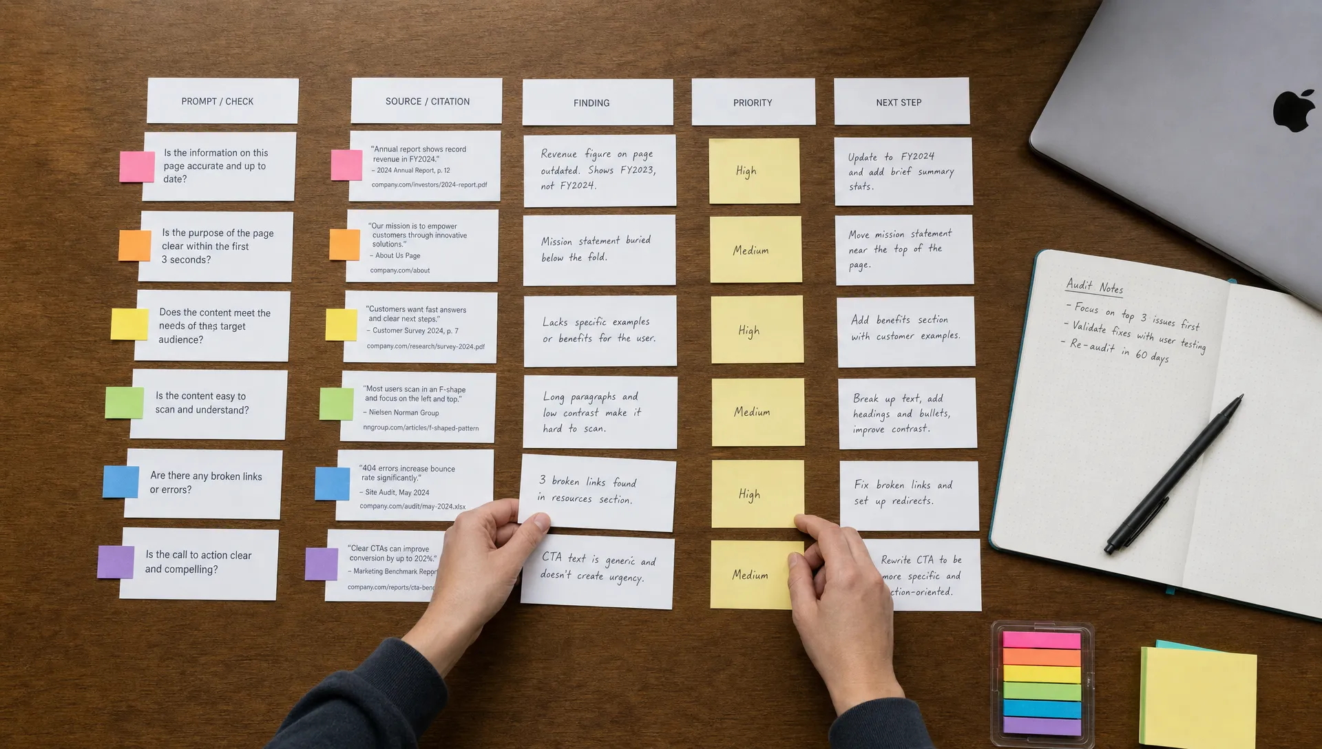 Hands sorting prompt cards, citations, and page notes to prepare a free AI SEO audit.