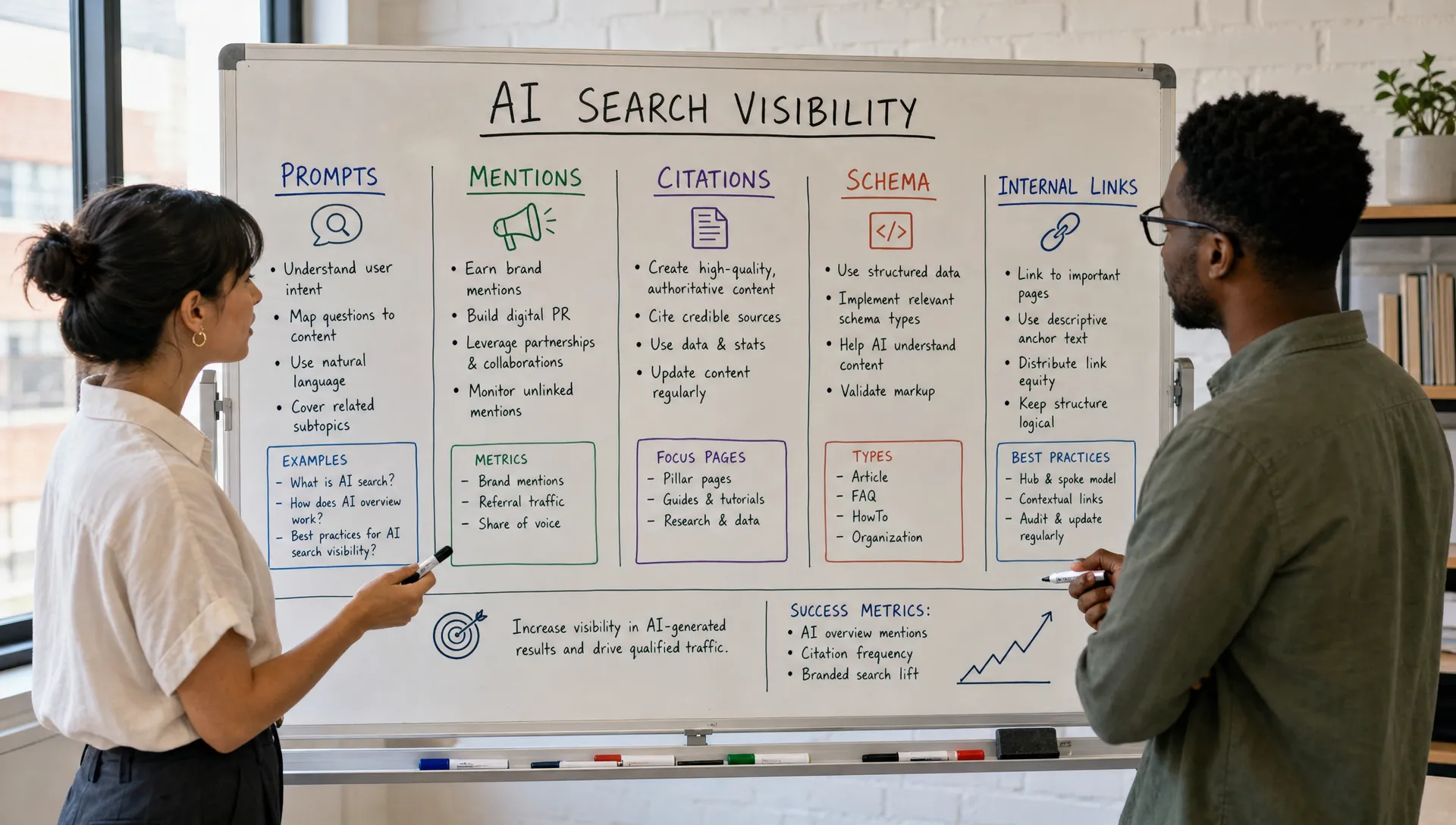 Two marketers review a whiteboard of prompts, mentions, citations, schema, and internal links for AI search visibility.