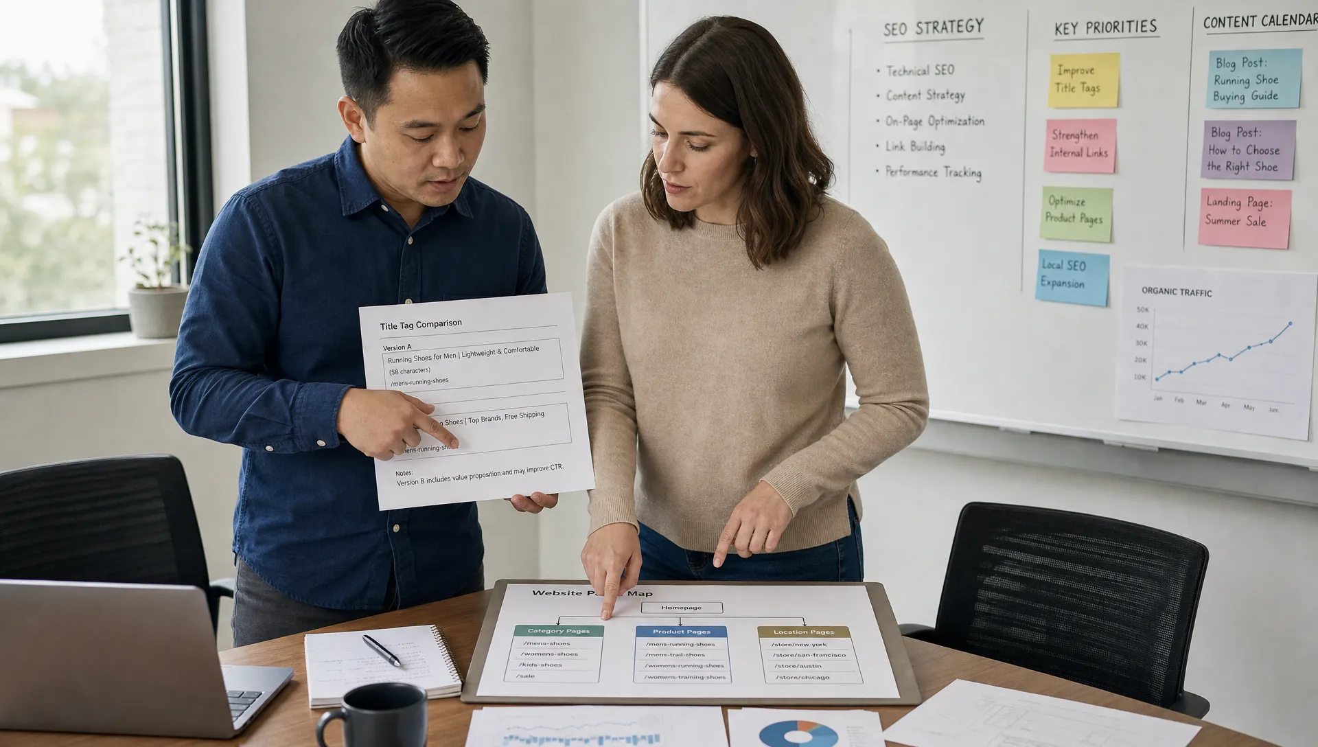 Two strategists compare title-tag versions and page maps for duplicate metadata across a site.