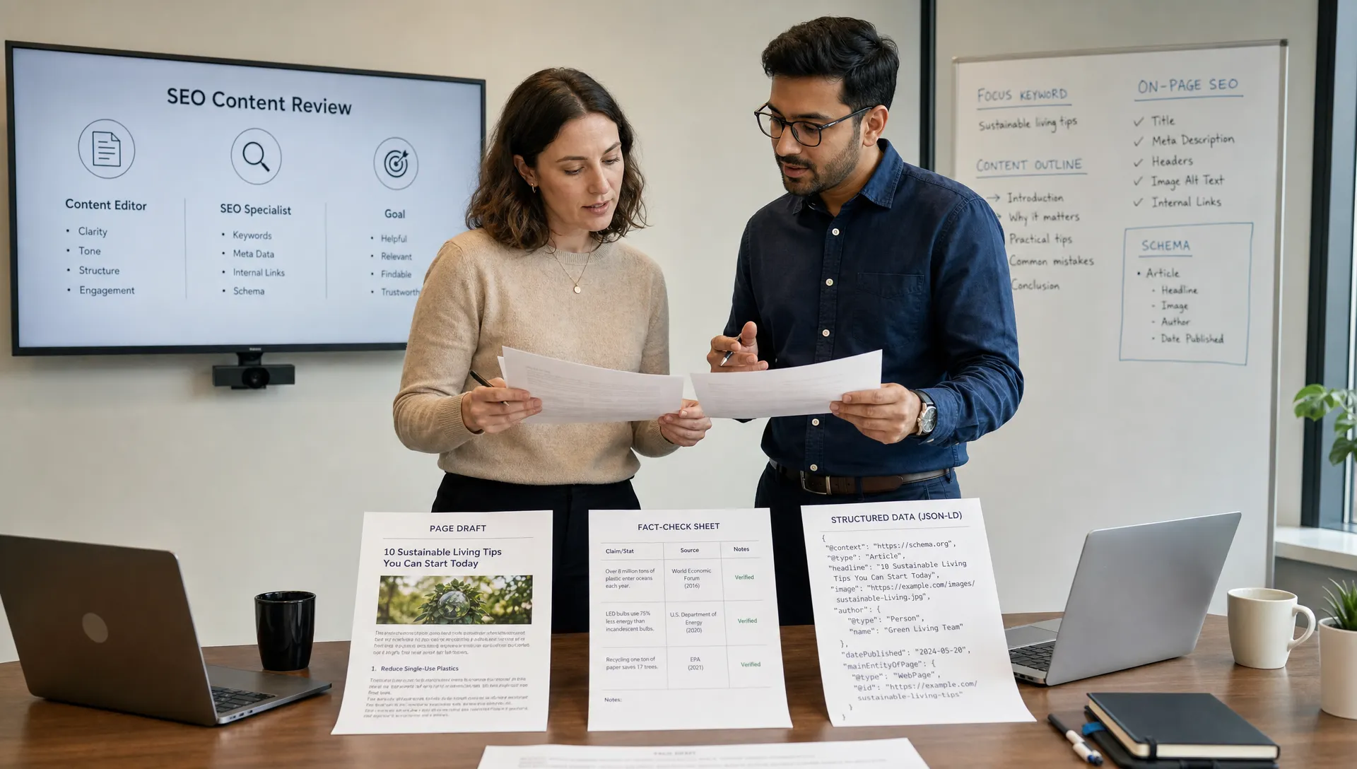 Two teammates review a page draft, fact check sheet, and structured data notes.