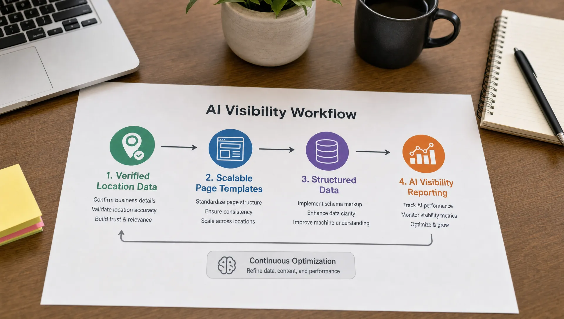 Verified location data, scalable page templates, structured data, and AI visibility reporting are arranged as an operational workflow on a desk.