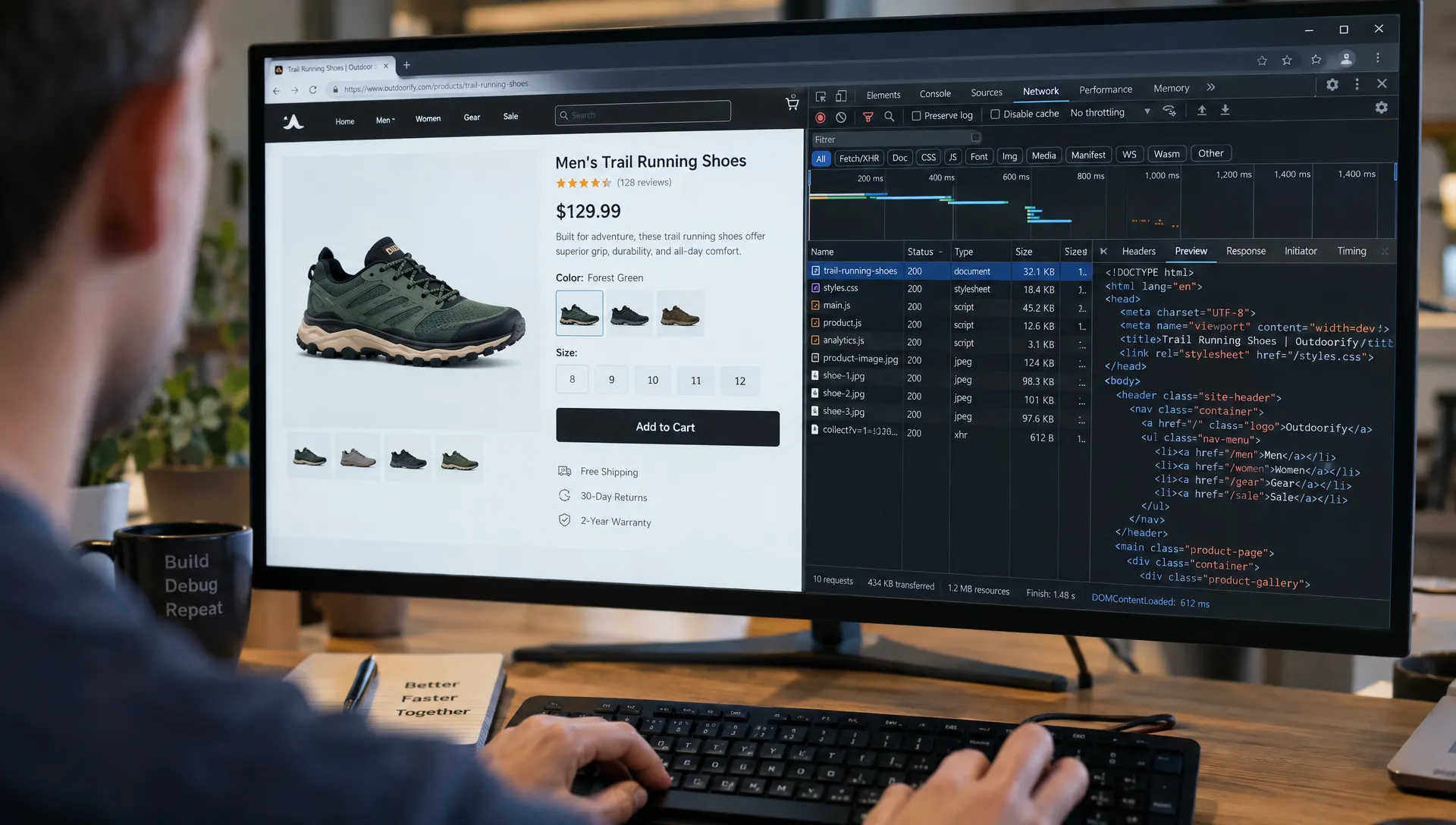 A developer checks a product page's HTML and rendered price and specifications in browser tools.