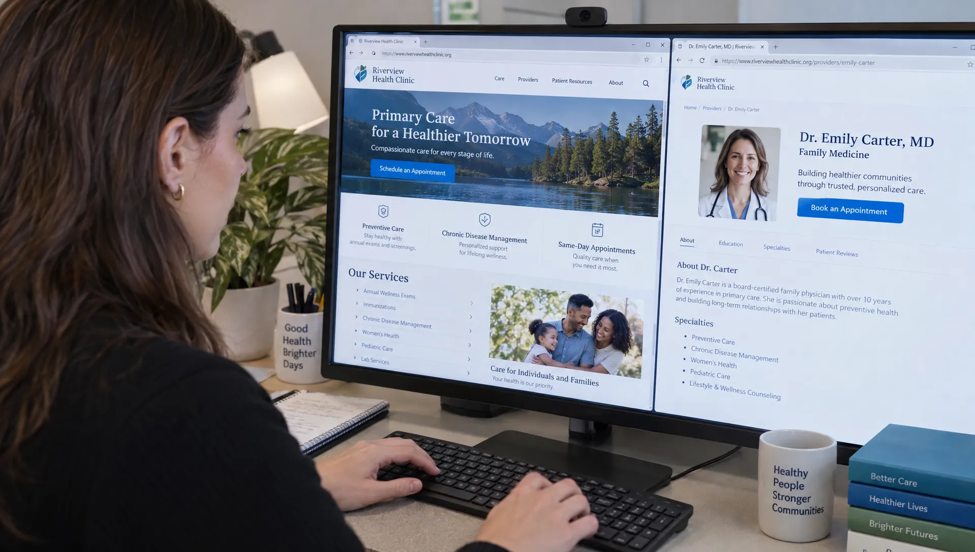 A healthcare web editor checks a clinic service page and appointment link on a monitor to support accurate search discovery.