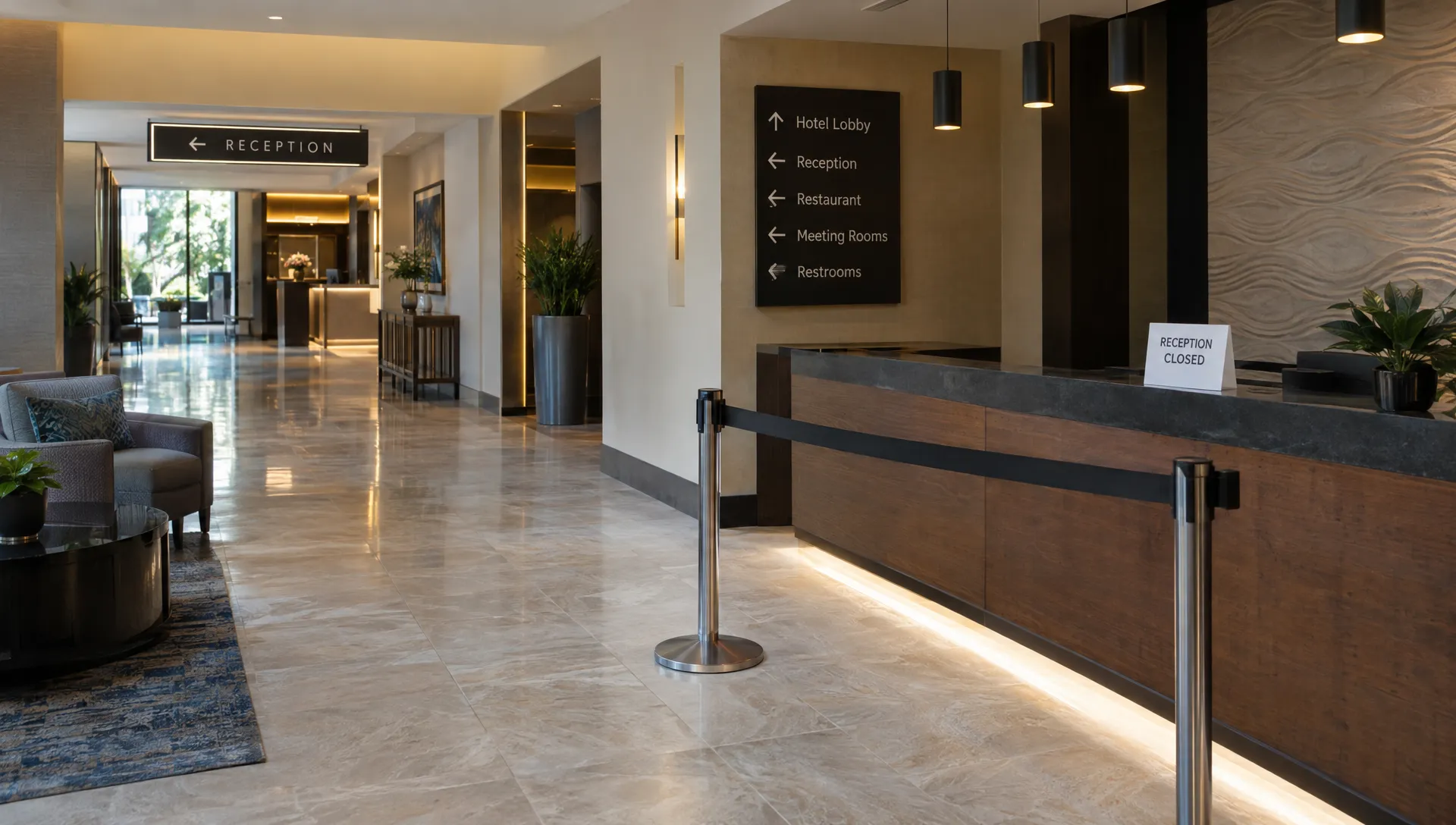 A hotel lobby directs guests past a closed service desk toward the active reception area, showing why outdated website information needs careful handling.