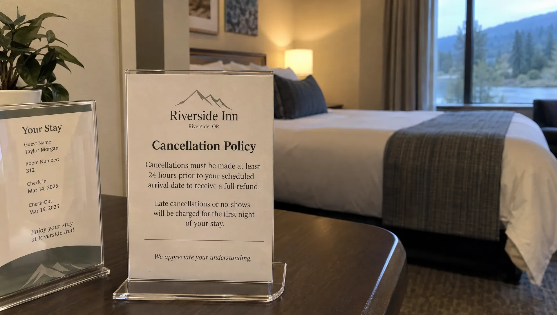 A hotel room’s printed cancellation policy lists the property and booking conditions that make travel information clear and citable.