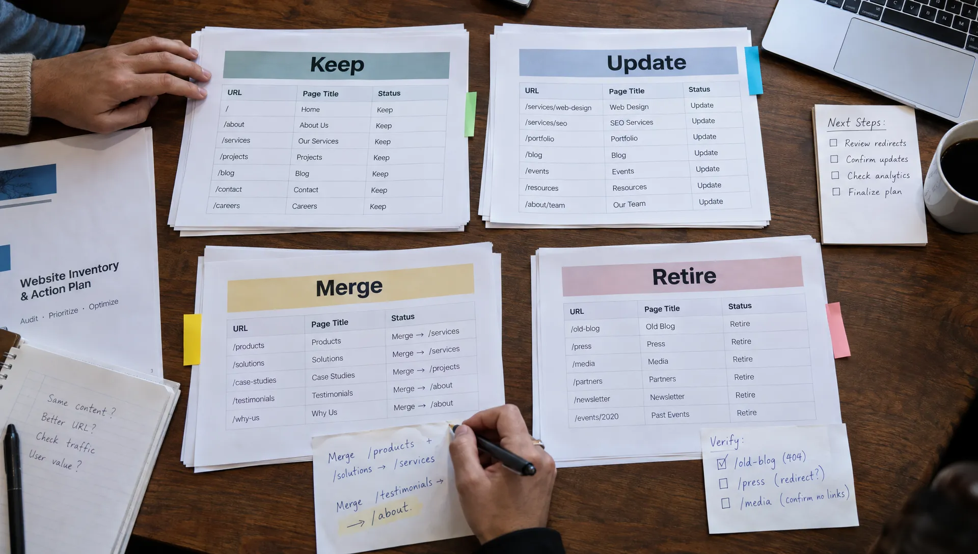 A printed website inventory groups pages to keep, update, merge, or retire, with replacement URLs and verification notes for content decisions.