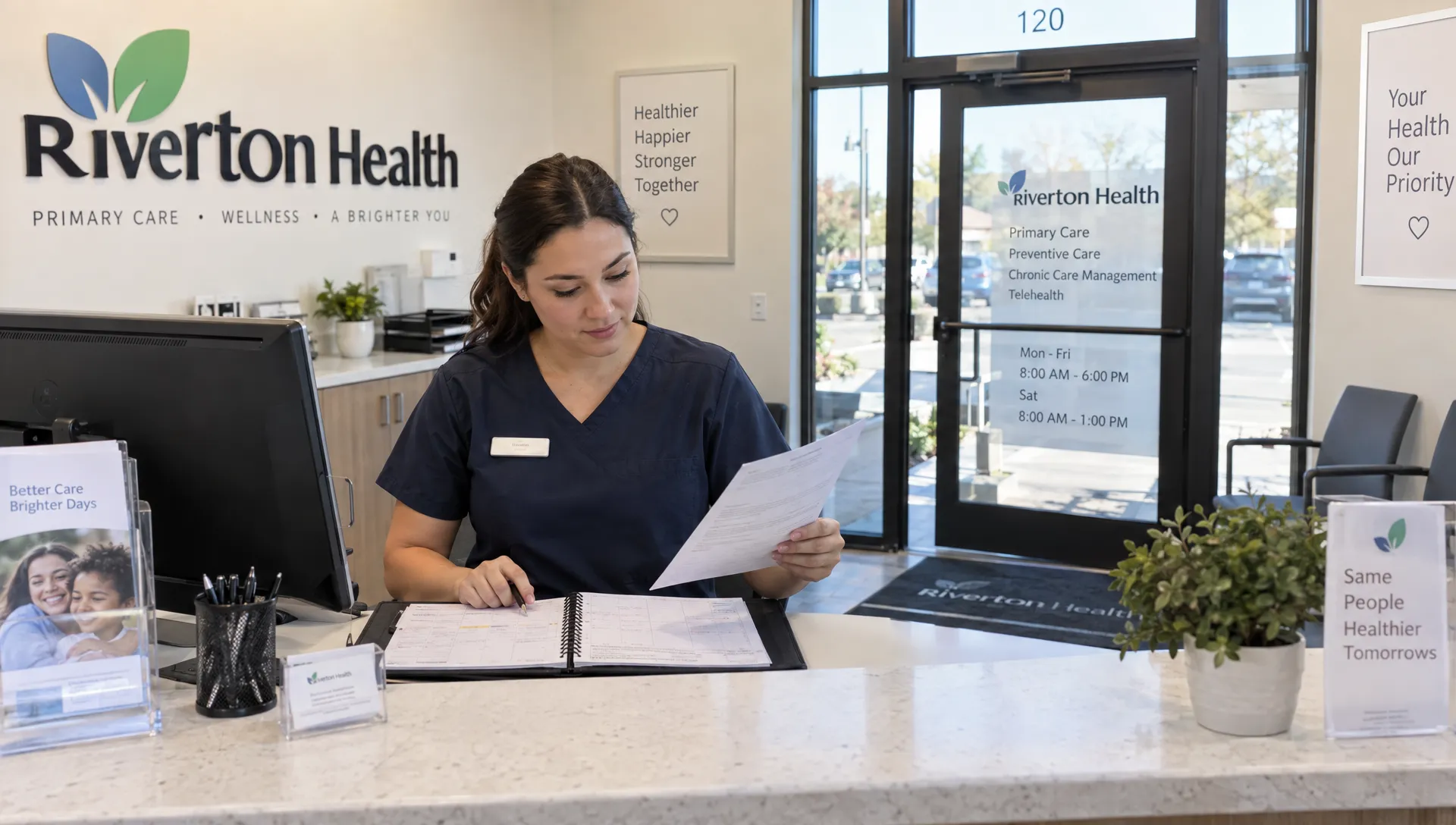 A receptionist at a franchise clinic checks the branch's address, hours, and appointment details at the front desk, with the clinic entrance visible behind her.