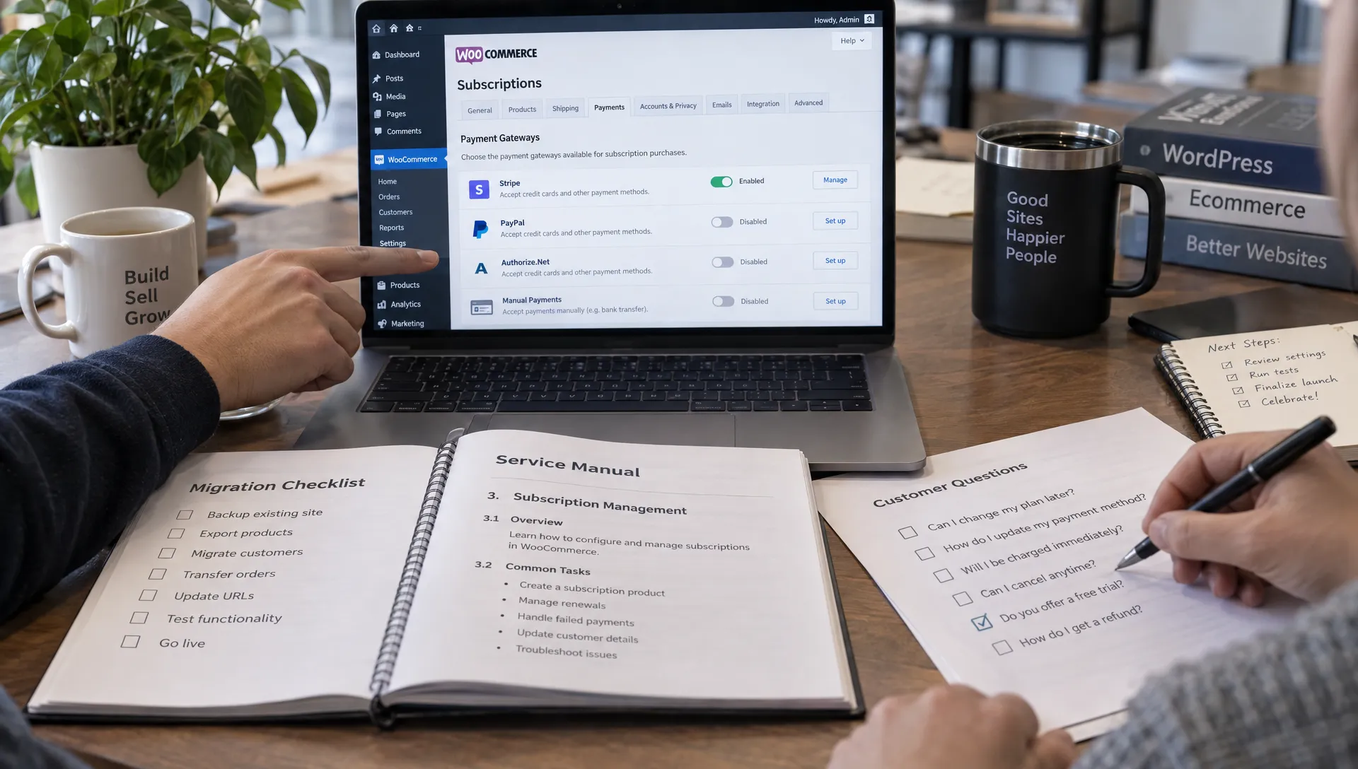 A support specialist checks subscription settings against a migration checklist while preparing chatbot SEO content for buyer questions.