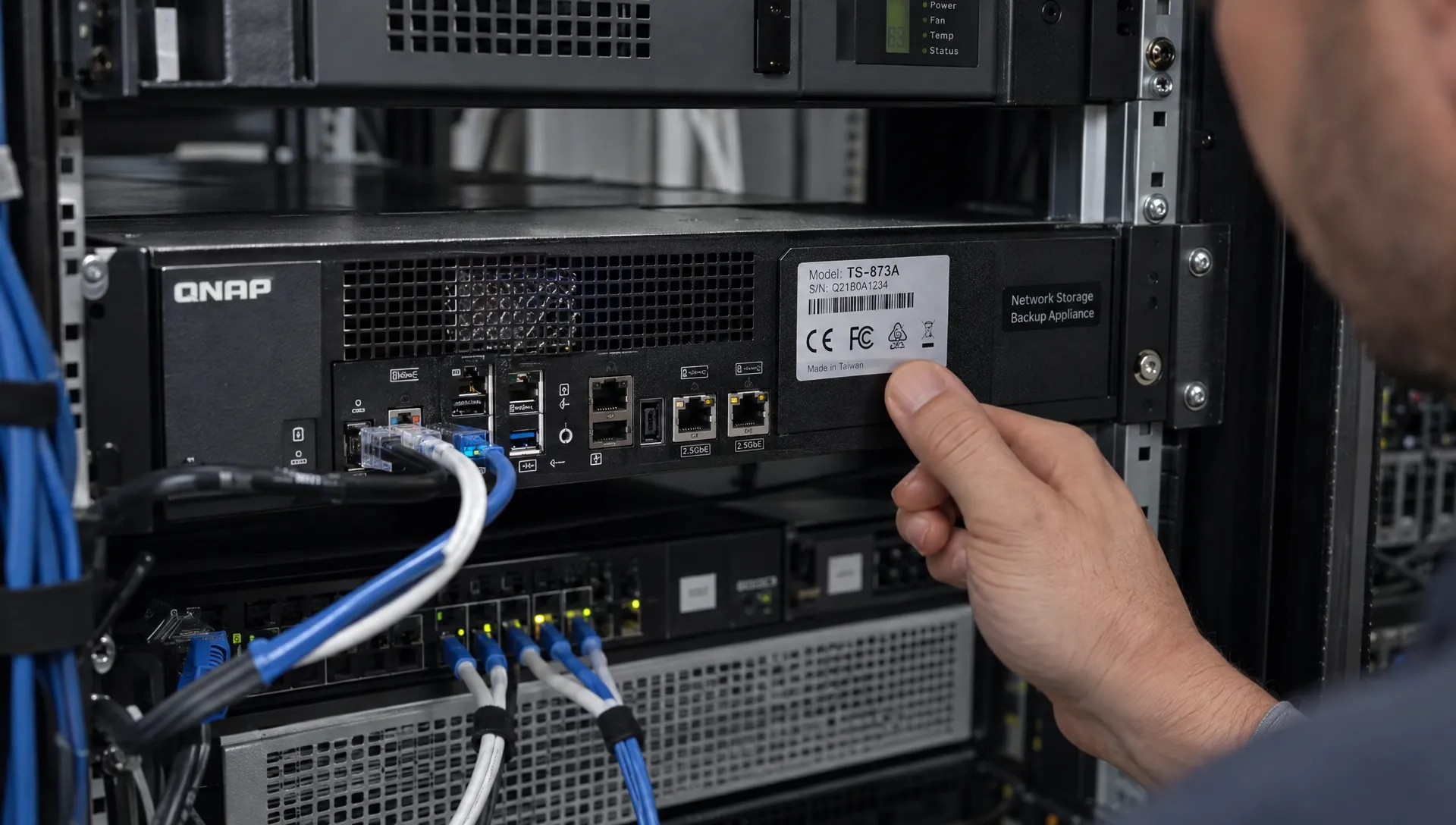 A technician checks a backup appliance's model and ports in a server rack while verifying compatibility details for support content.