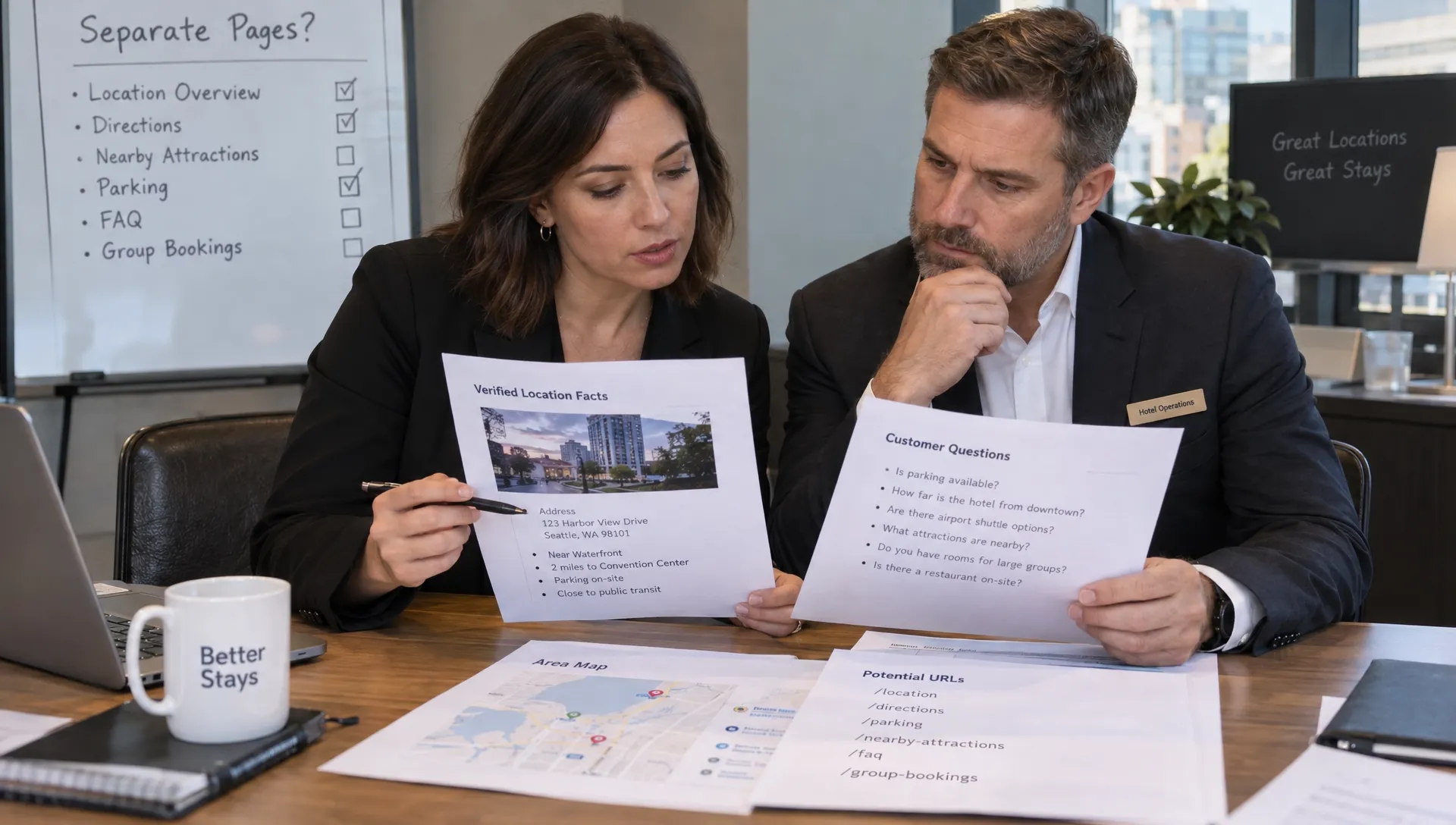 An agency editor and hotel operations manager compare verified location facts and customer questions on printed page records to decide which URLs need separate pages.