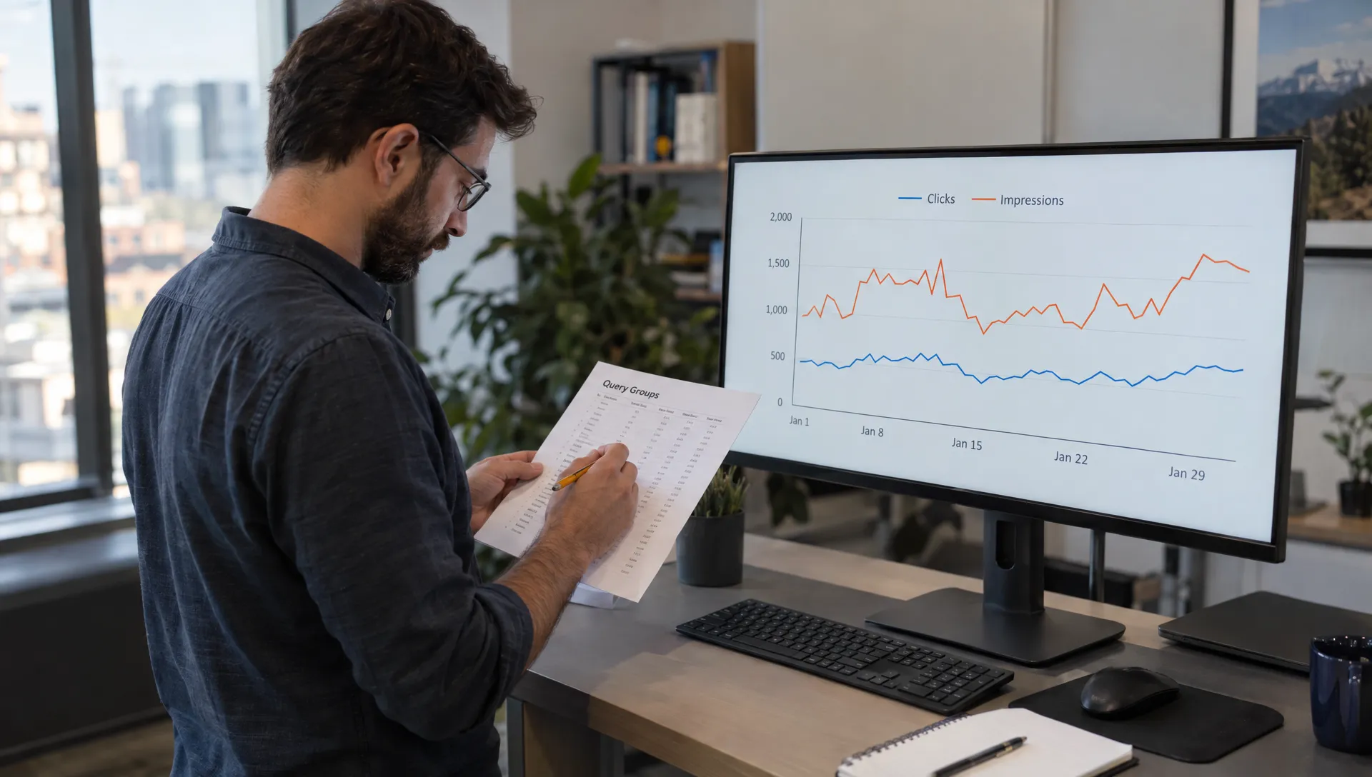 An analyst compares query groups with a clicks-and-impressions chart to investigate whether an SEO decline is seasonal.
