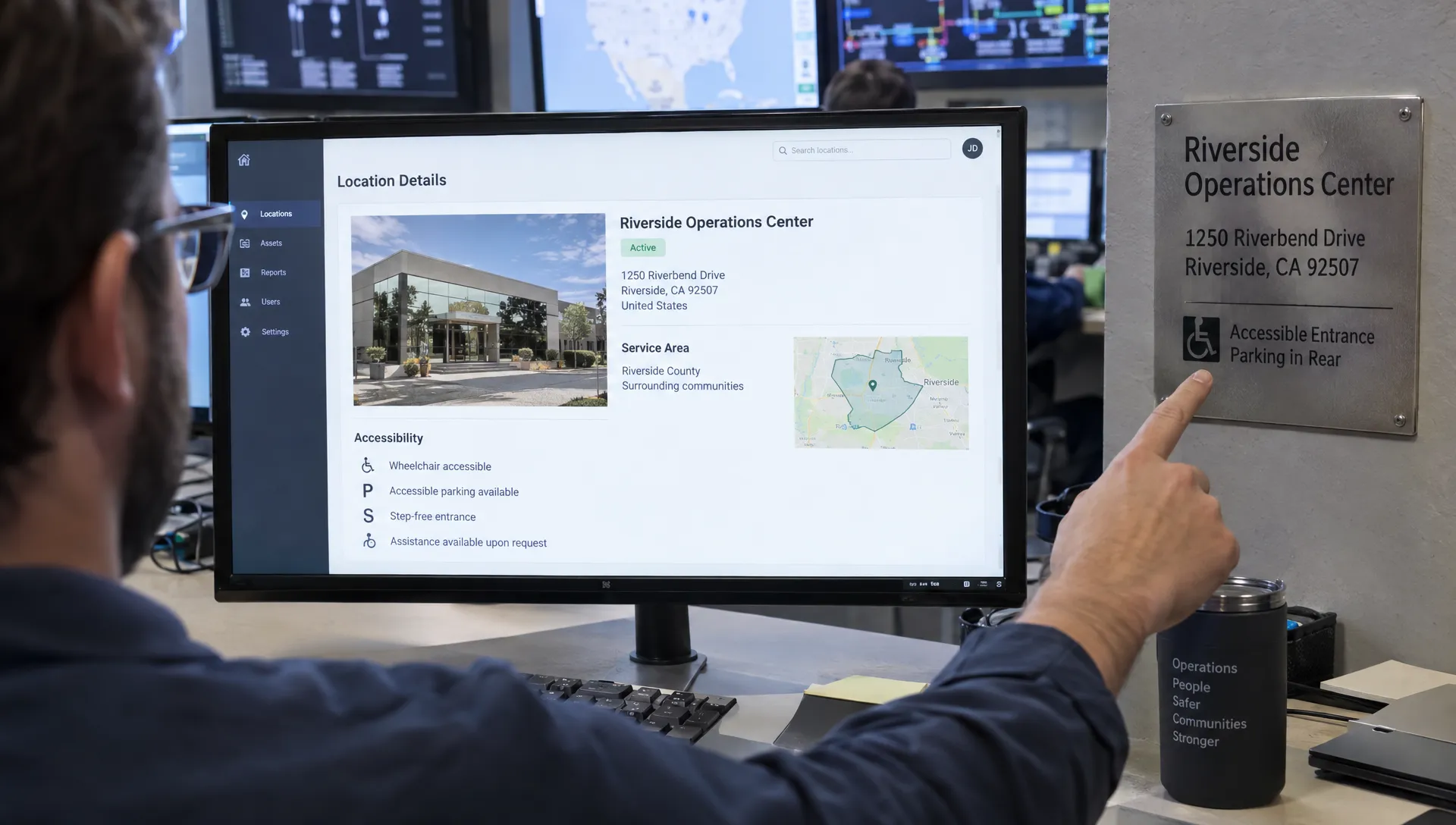 An analyst verifies a business location page's address and accessibility details against an approved source.