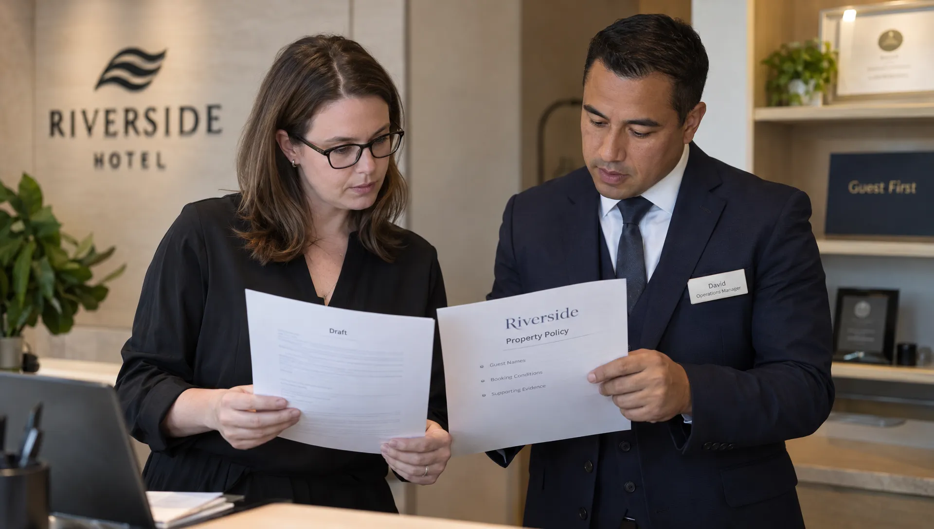 An editor and hotel operations manager compare a printed draft with the Riverside property policy sheet to verify names, booking conditions, and supporting evidence.