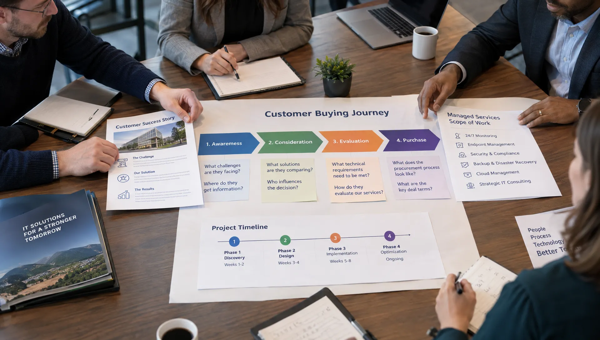 An MSP team maps technical evaluation and procurement questions to service details and an approved case study for seo chatgpt planning.