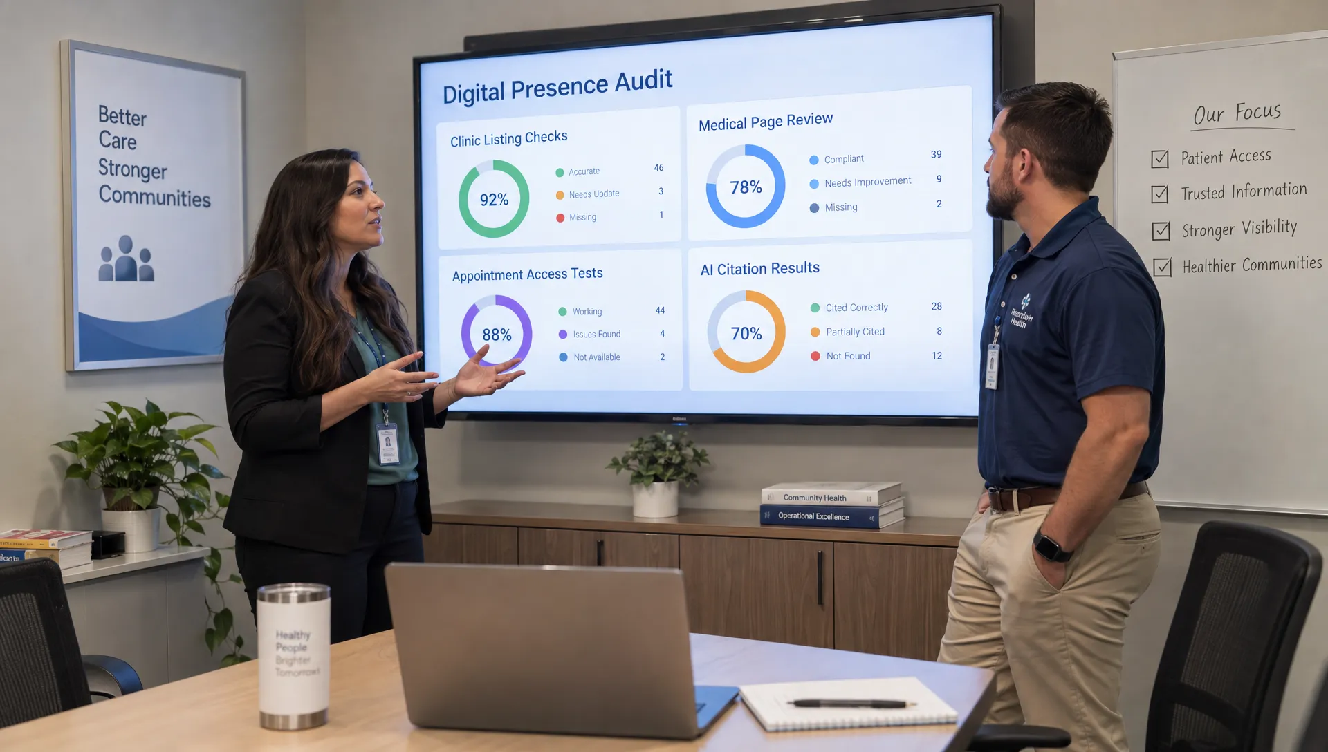 Healthcare marketing and clinic operations colleagues review google changes seo findings across local listings, medical pages, booking access, and AI citations.