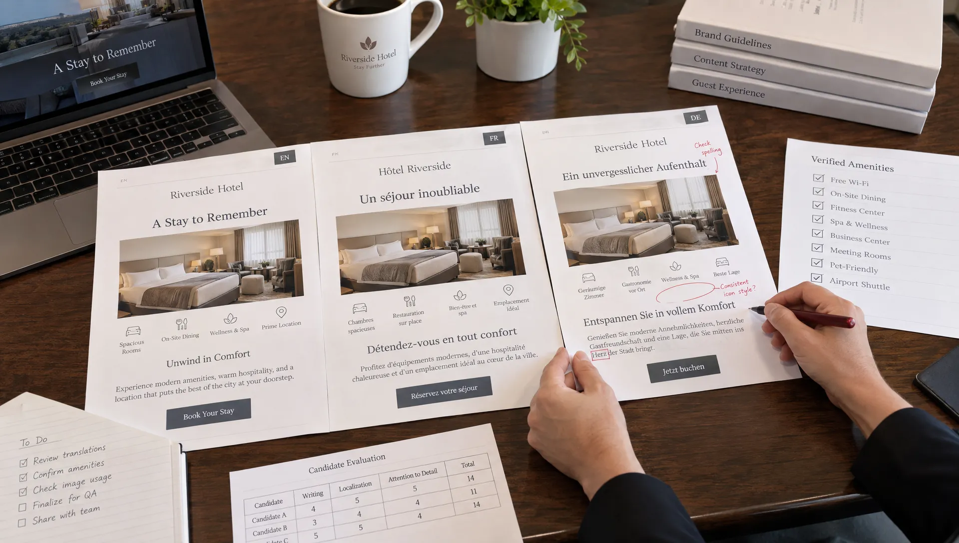 Hotel page proofs in English, French, and German are checked against amenity records in a review of the best AI for SEO.